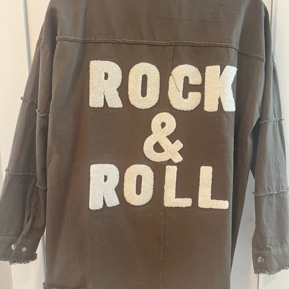 Panache Olive Green Jean Jacket with White 'ROCK & ROLL' Appliqué
